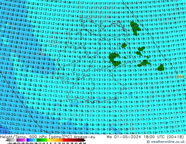 Height/Temp. 500 hPa Arpege-eu mer 01.05.2024 18 UTC