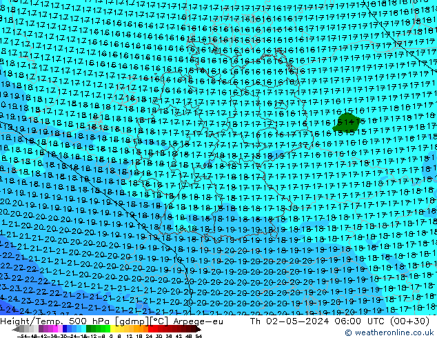 Height/Temp. 500 hPa Arpege-eu Th 02.05.2024 06 UTC