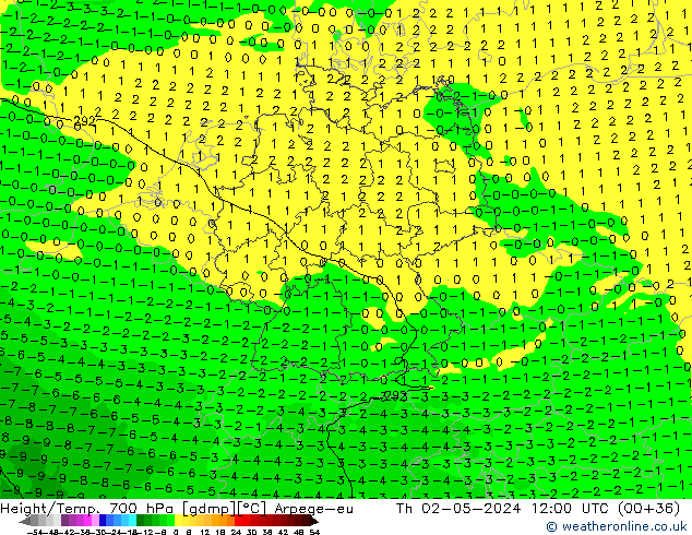 Height/Temp. 700 hPa Arpege-eu gio 02.05.2024 12 UTC