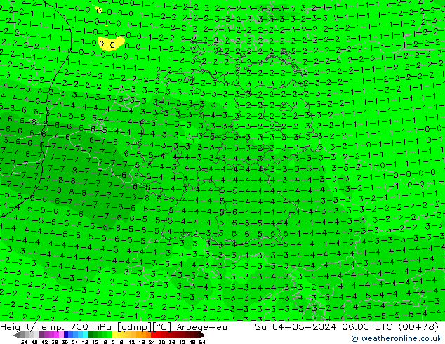 Height/Temp. 700 hPa Arpege-eu sab 04.05.2024 06 UTC