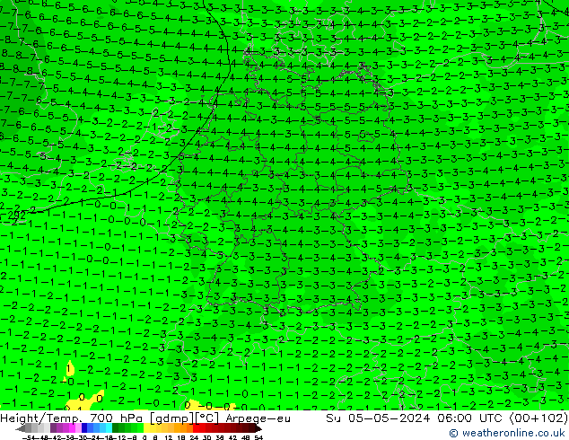 Géop./Temp. 700 hPa Arpege-eu dim 05.05.2024 06 UTC