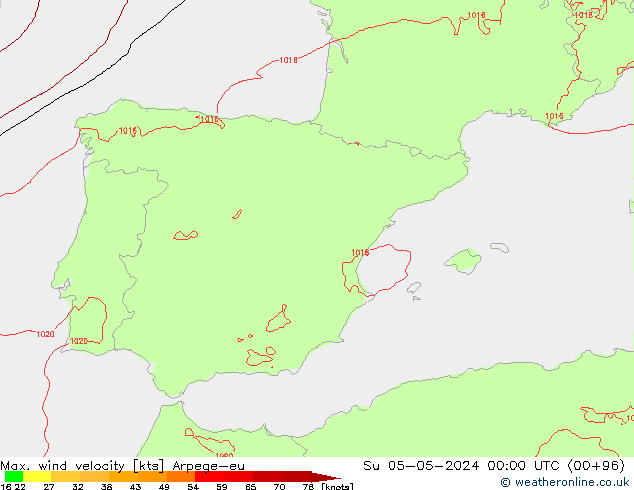 Max. wind velocity Arpege-eu dom 05.05.2024 00 UTC