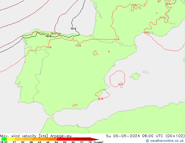 Max. wind velocity Arpege-eu Su 05.05.2024 06 UTC