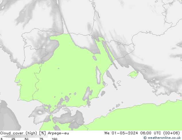 Cloud cover (high) Arpege-eu We 01.05.2024 06 UTC