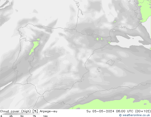 Cloud cover (high) Arpege-eu Su 05.05.2024 06 UTC