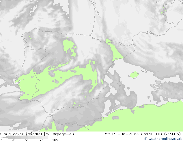 Cloud cover (middle) Arpege-eu We 01.05.2024 06 UTC