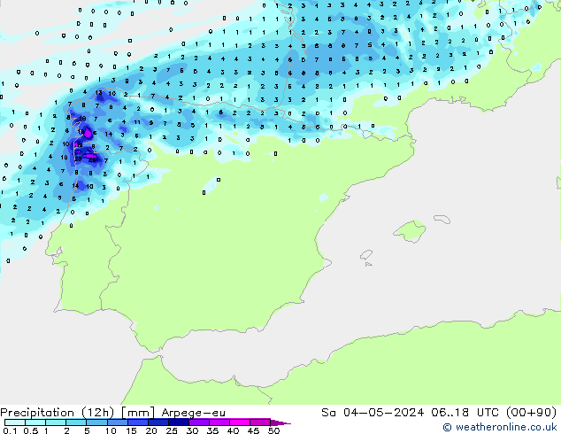Precipitação (12h) Arpege-eu Sáb 04.05.2024 18 UTC