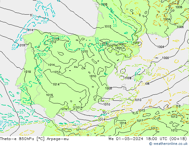 Theta-e 850hPa Arpege-eu We 01.05.2024 18 UTC