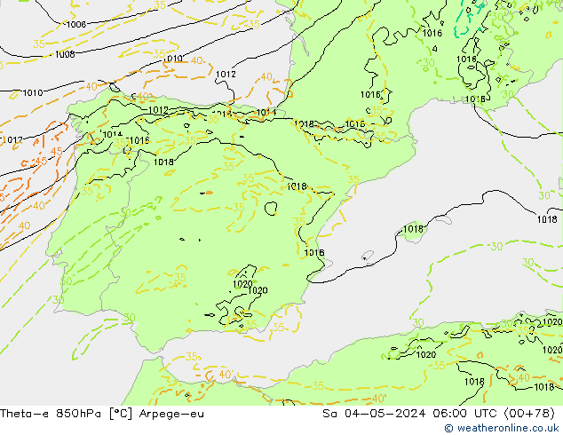 Theta-e 850hPa Arpege-eu Sa 04.05.2024 06 UTC