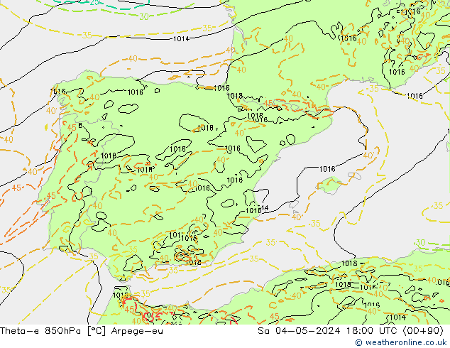 Theta-e 850hPa Arpege-eu Sa 04.05.2024 18 UTC