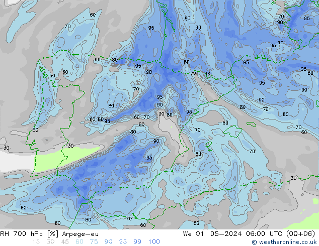 RH 700 гПа Arpege-eu ср 01.05.2024 06 UTC