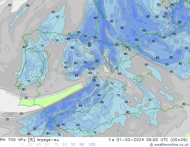 RH 700 гПа Arpege-eu ср 01.05.2024 09 UTC