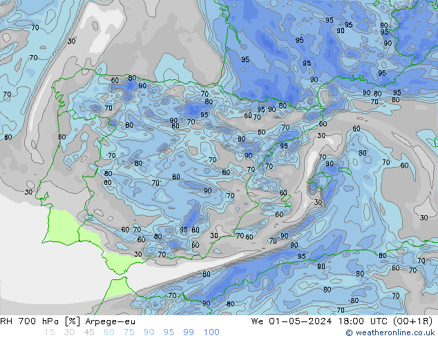 RH 700 hPa Arpege-eu We 01.05.2024 18 UTC