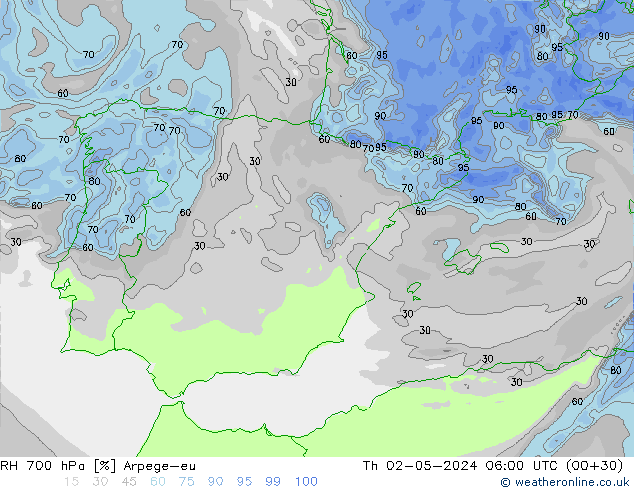 Humedad rel. 700hPa Arpege-eu jue 02.05.2024 06 UTC