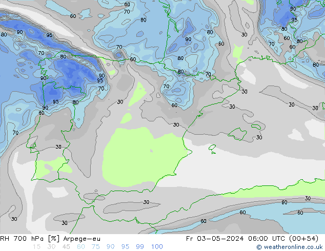 RH 700 hPa Arpege-eu Fr 03.05.2024 06 UTC