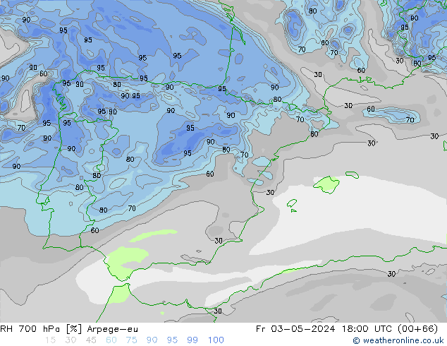 RH 700 hPa Arpege-eu Pá 03.05.2024 18 UTC