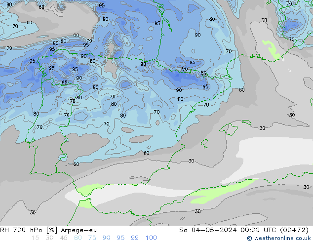 RH 700 hPa Arpege-eu Sáb 04.05.2024 00 UTC