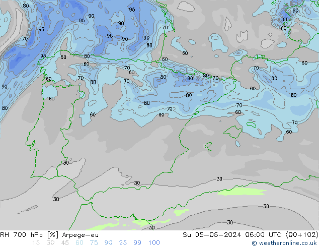 RH 700 hPa Arpege-eu Su 05.05.2024 06 UTC