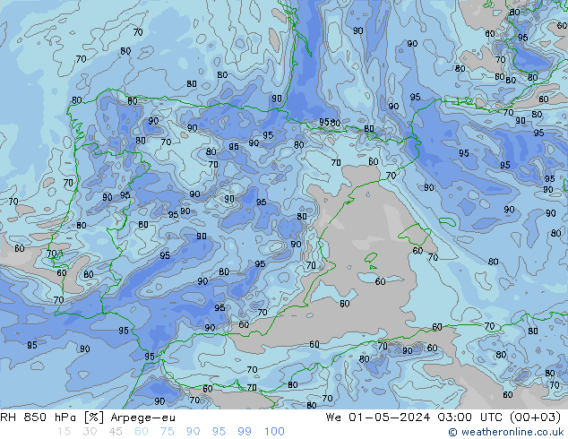 RH 850 hPa Arpege-eu We 01.05.2024 03 UTC