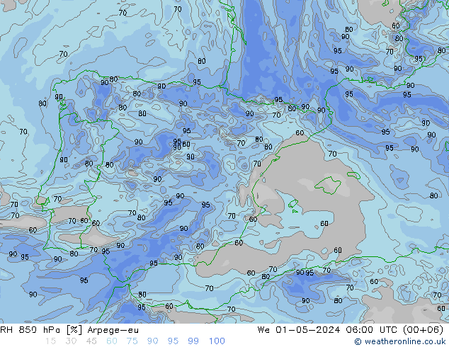 Humidité rel. 850 hPa Arpege-eu mer 01.05.2024 06 UTC