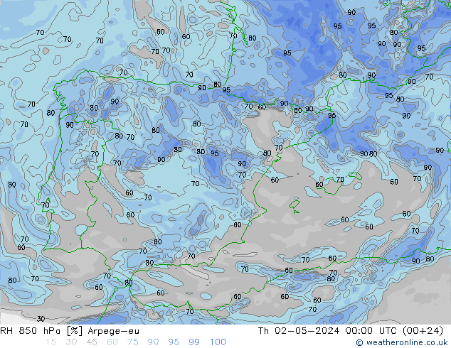 RH 850 hPa Arpege-eu Th 02.05.2024 00 UTC