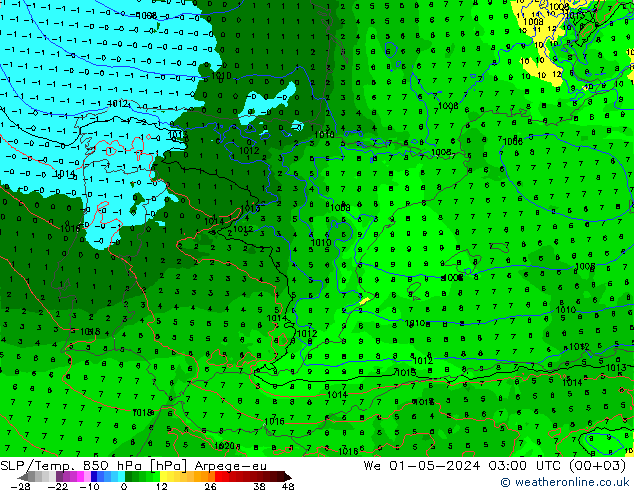 850 hPa Yer Bas./Sıc Arpege-eu Çar 01.05.2024 03 UTC