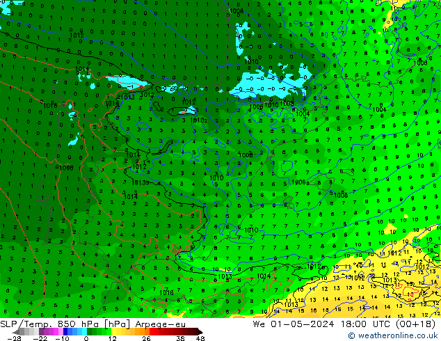 SLP/Temp. 850 hPa Arpege-eu We 01.05.2024 18 UTC