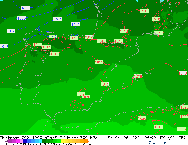 Schichtdicke 700-1000 hPa Arpege-eu Sa 04.05.2024 06 UTC