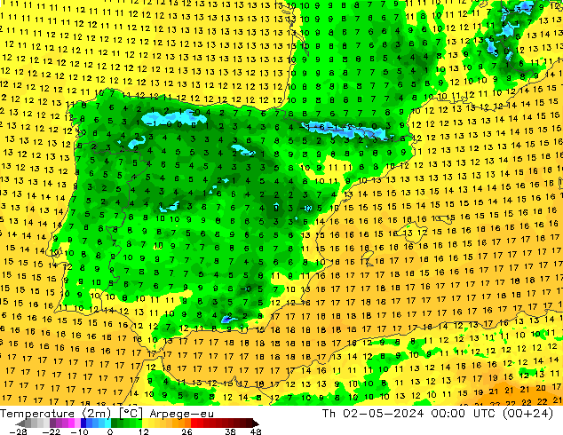 Temperature (2m) Arpege-eu Th 02.05.2024 00 UTC