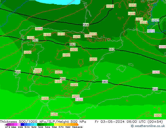 Dikte 500-1000hPa Arpege-eu vr 03.05.2024 06 UTC