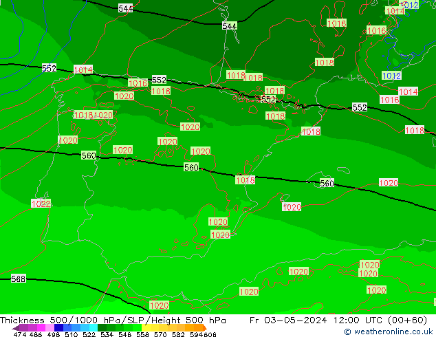 Espesor 500-1000 hPa Arpege-eu vie 03.05.2024 12 UTC