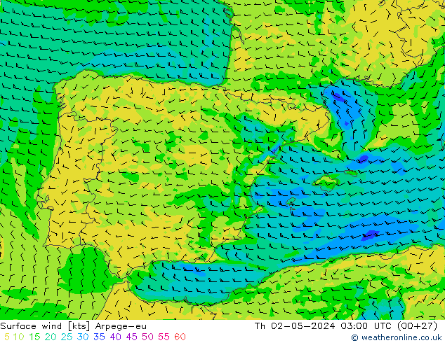 Viento 10 m Arpege-eu jue 02.05.2024 03 UTC