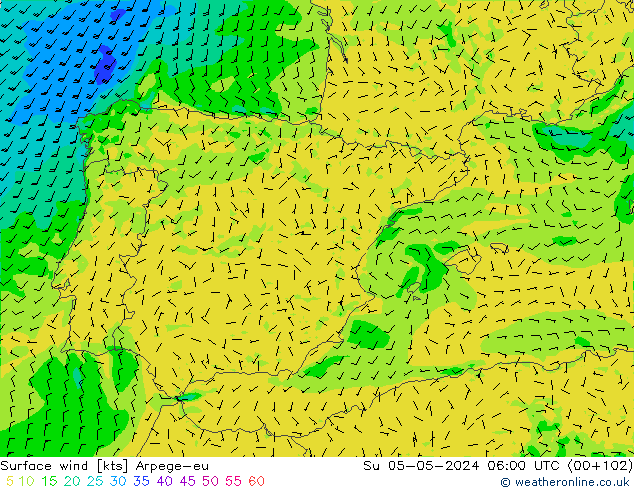 Wind 10 m Arpege-eu zo 05.05.2024 06 UTC