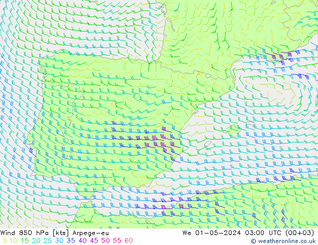 Wind 850 hPa Arpege-eu wo 01.05.2024 03 UTC