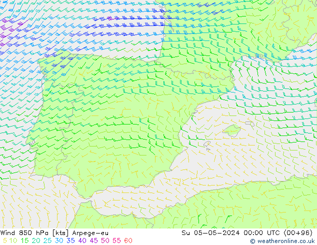 ветер 850 гПа Arpege-eu Вс 05.05.2024 00 UTC