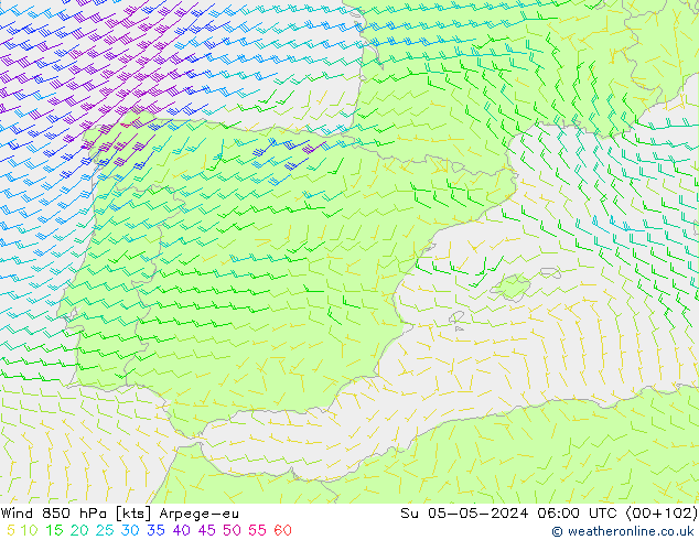 Vento 850 hPa Arpege-eu Dom 05.05.2024 06 UTC