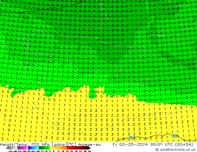 Height/Temp. 700 hPa Arpege-eu Pá 03.05.2024 06 UTC