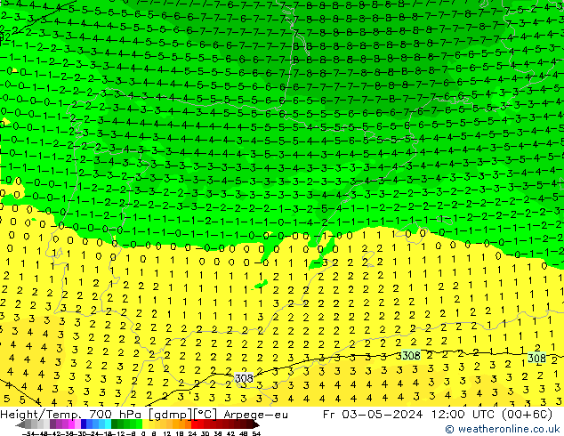 Height/Temp. 700 hPa Arpege-eu Fr 03.05.2024 12 UTC