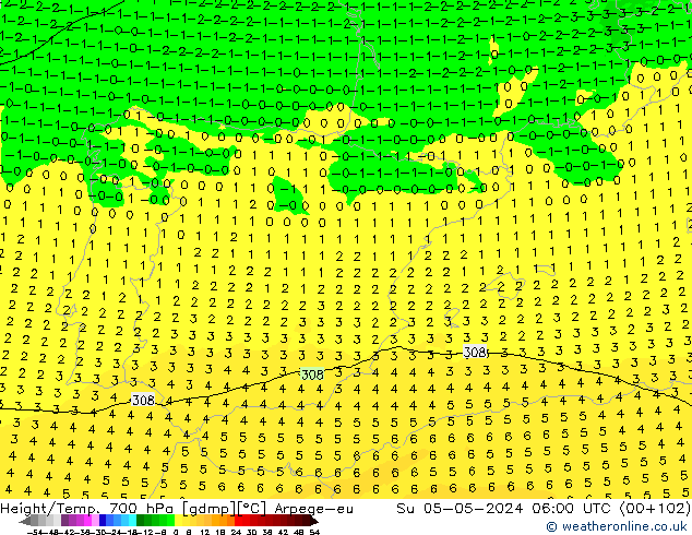 Height/Temp. 700 hPa Arpege-eu Su 05.05.2024 06 UTC