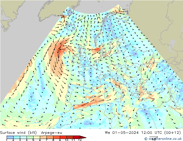 Surface wind (bft) Arpege-eu We 01.05.2024 12 UTC