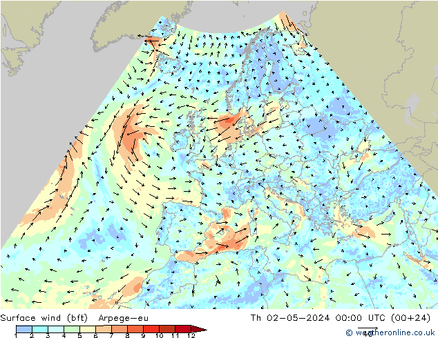 Surface wind (bft) Arpege-eu Th 02.05.2024 00 UTC