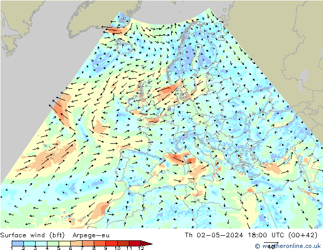 Surface wind (bft) Arpege-eu Th 02.05.2024 18 UTC