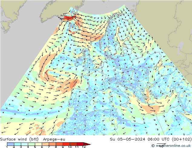 wiatr 10 m (bft) Arpege-eu nie. 05.05.2024 06 UTC