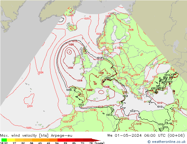 Max. wind velocity Arpege-eu  01.05.2024 06 UTC