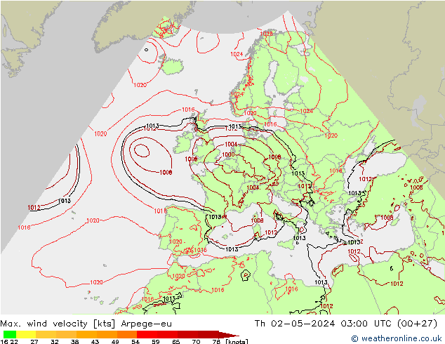 Max. wind velocity Arpege-eu Th 02.05.2024 03 UTC