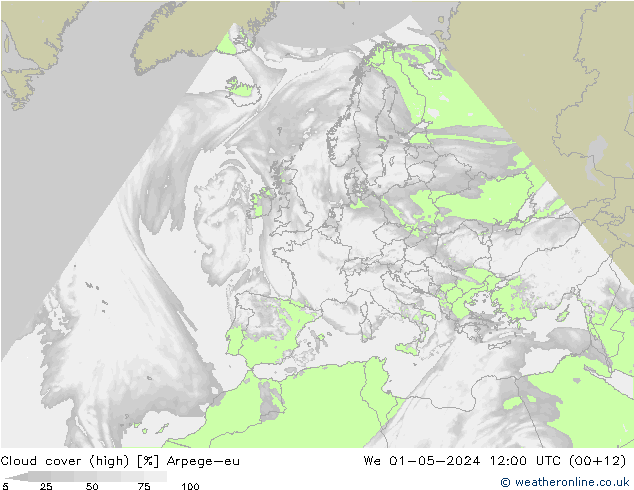 Cloud cover (high) Arpege-eu We 01.05.2024 12 UTC