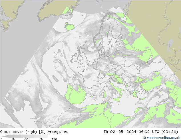 Cloud cover (high) Arpege-eu Th 02.05.2024 06 UTC