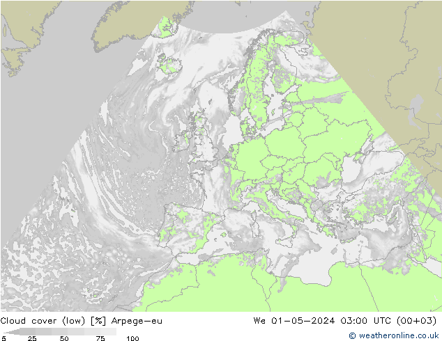 Cloud cover (low) Arpege-eu We 01.05.2024 03 UTC