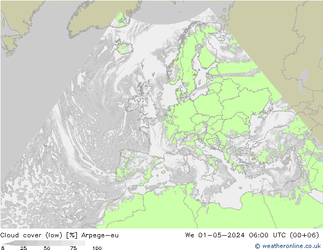 Cloud cover (low) Arpege-eu We 01.05.2024 06 UTC