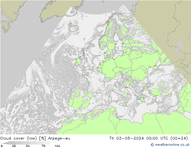 Cloud cover (low) Arpege-eu Th 02.05.2024 00 UTC